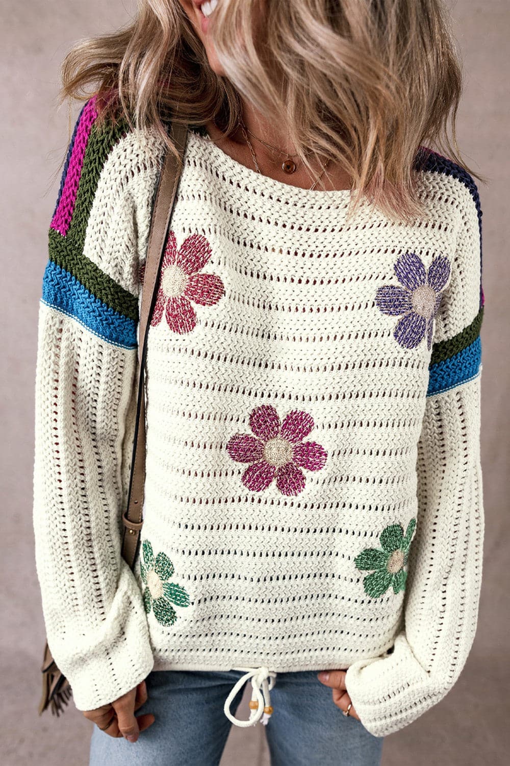 Flower Round Neck Long Sleeve Sweater.