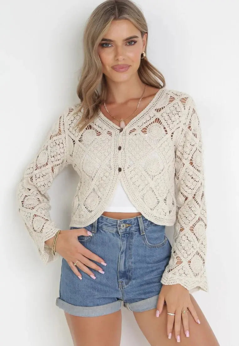 Women Cropped Crochet Cardigan With Button Closure Spring Fall Bella Mia