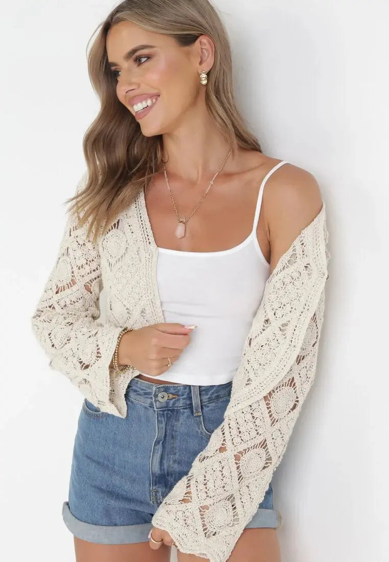 Women Cropped Crochet Cardigan With Button Closure Spring Fall Bella Mia