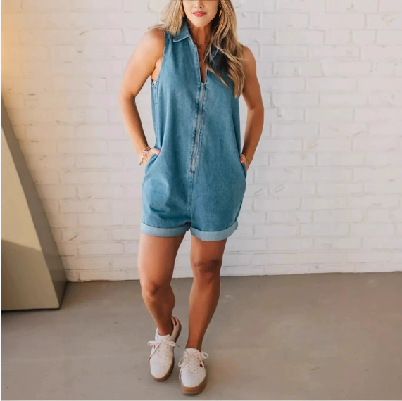 Women Wear Solid Color Polo Collar Sleeveless Zipper Denim Jumpsuit Bella Mia
