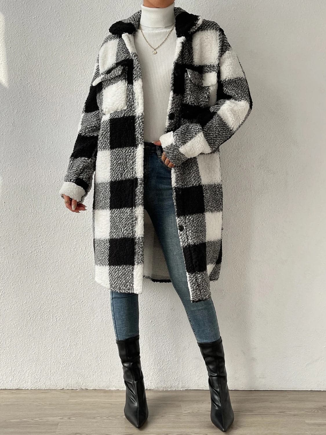 Plaid Collared Neck Button Down Coat.