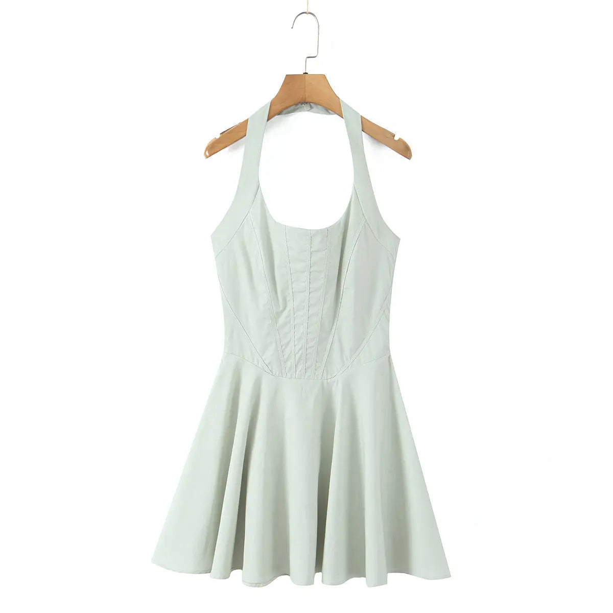 Summer Solid Color Elegant Green Sexy Waist Trimming Simple Halter Back Tied Dress Bella Mia