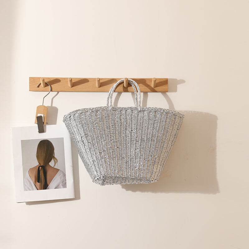 Silver Portable Straw Weaved Bag Metal Sense Large Capacity Hand Carrying Woven Bag Women Seaside Vacation Beach Bag Bella Mia