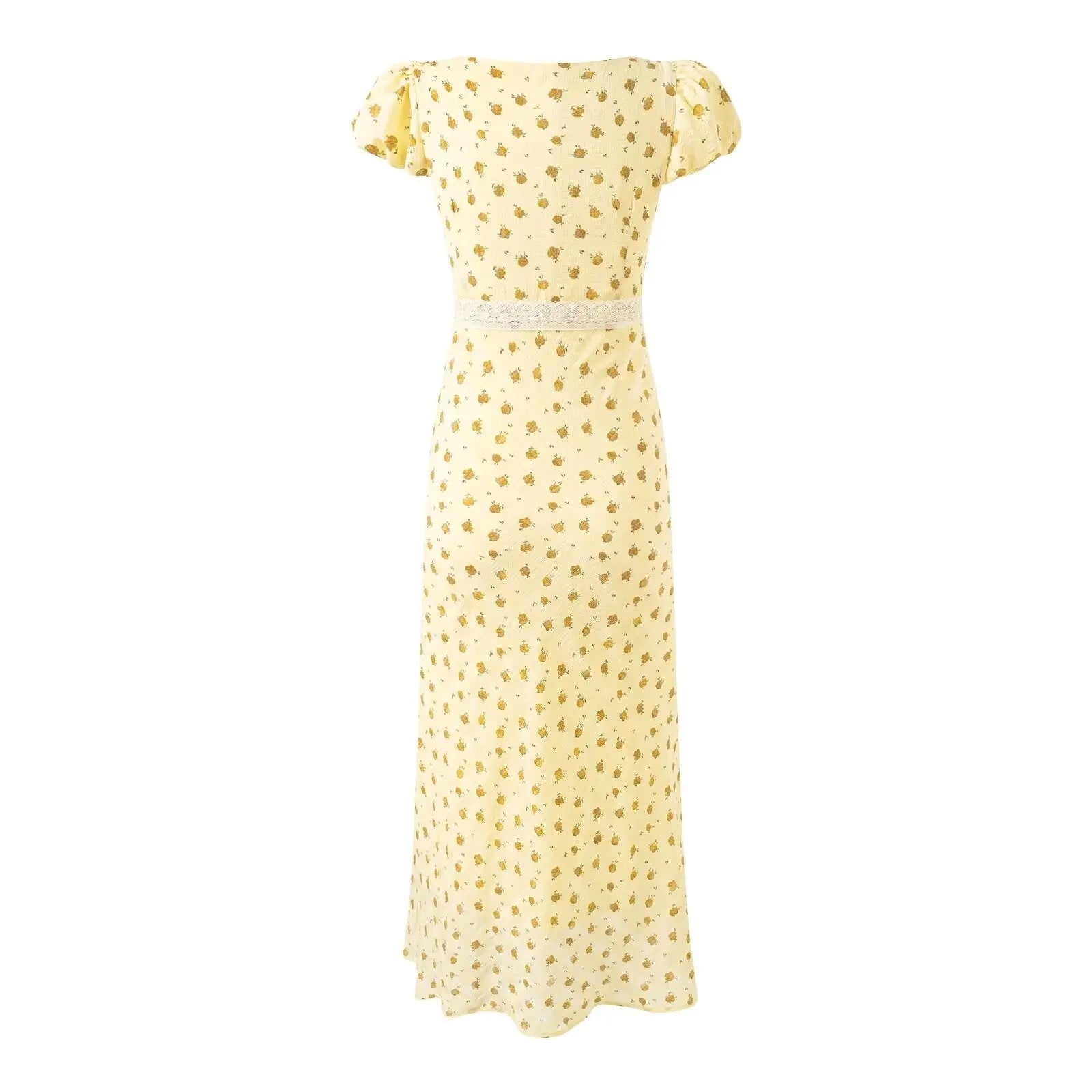 Gentle Square Collar Lace Stitching Bow Lace up Short Sleeve Floral Dress Waist Slim Fit Vacation Dress Bella Mia