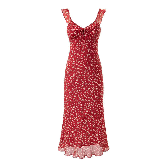 Red Floral Sling Dress Women Sleeveless V Neck A Line Midi Slimming Backless Bella Mia