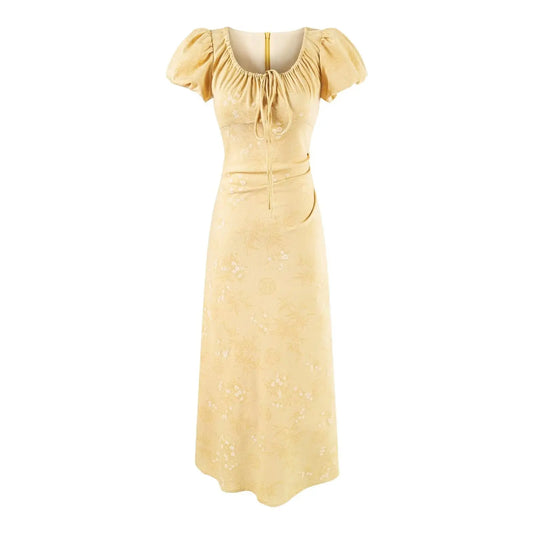 Summer French Gentle Elegant Jacquard Drawstring Waist Controlled Slimming Maxi Dress Bella Mia