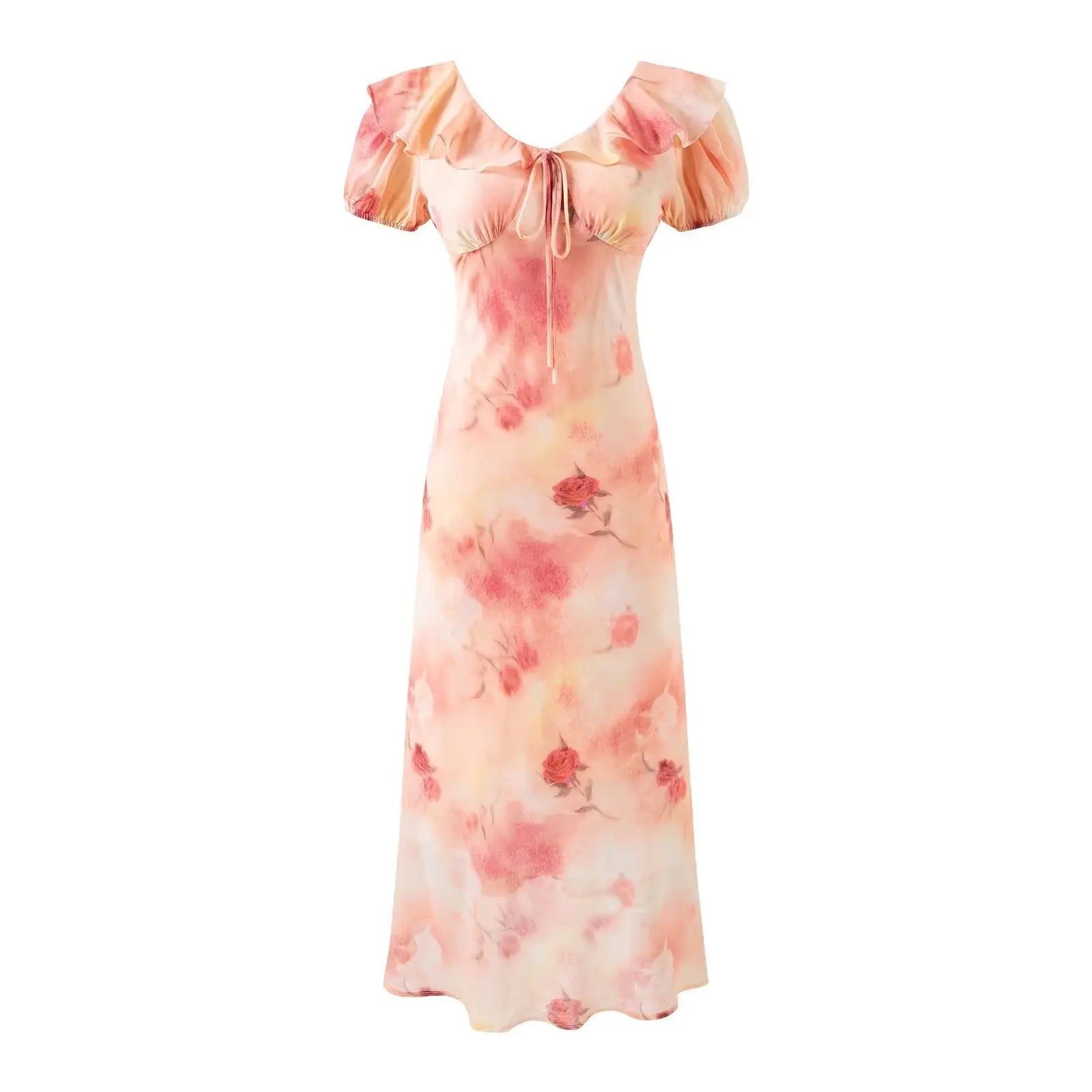 Romantic Vacation Gentle Rose Print Short Sleeved Dress Women Design Bow Ruffled V neck Dress Bella Mia