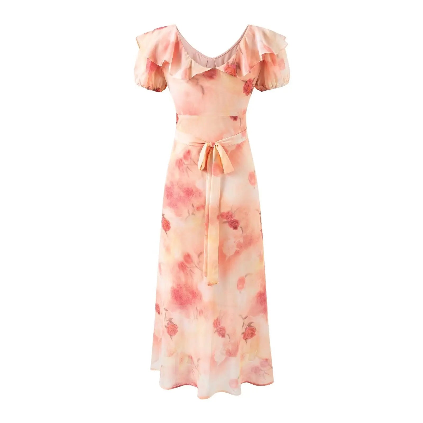 Romantic Vacation Gentle Rose Print Short Sleeved Dress Women Design Bow Ruffled V neck Dress Bella Mia