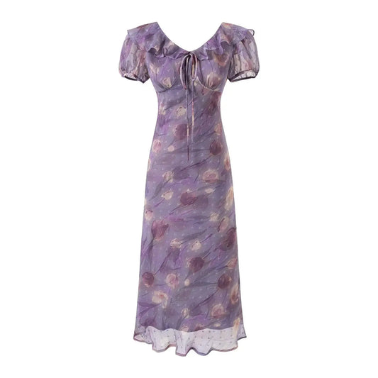 Lace up Light Purple Ruffled Maxi Dress Women Summer Tight Waist Slim Fit Dress Bella Mia