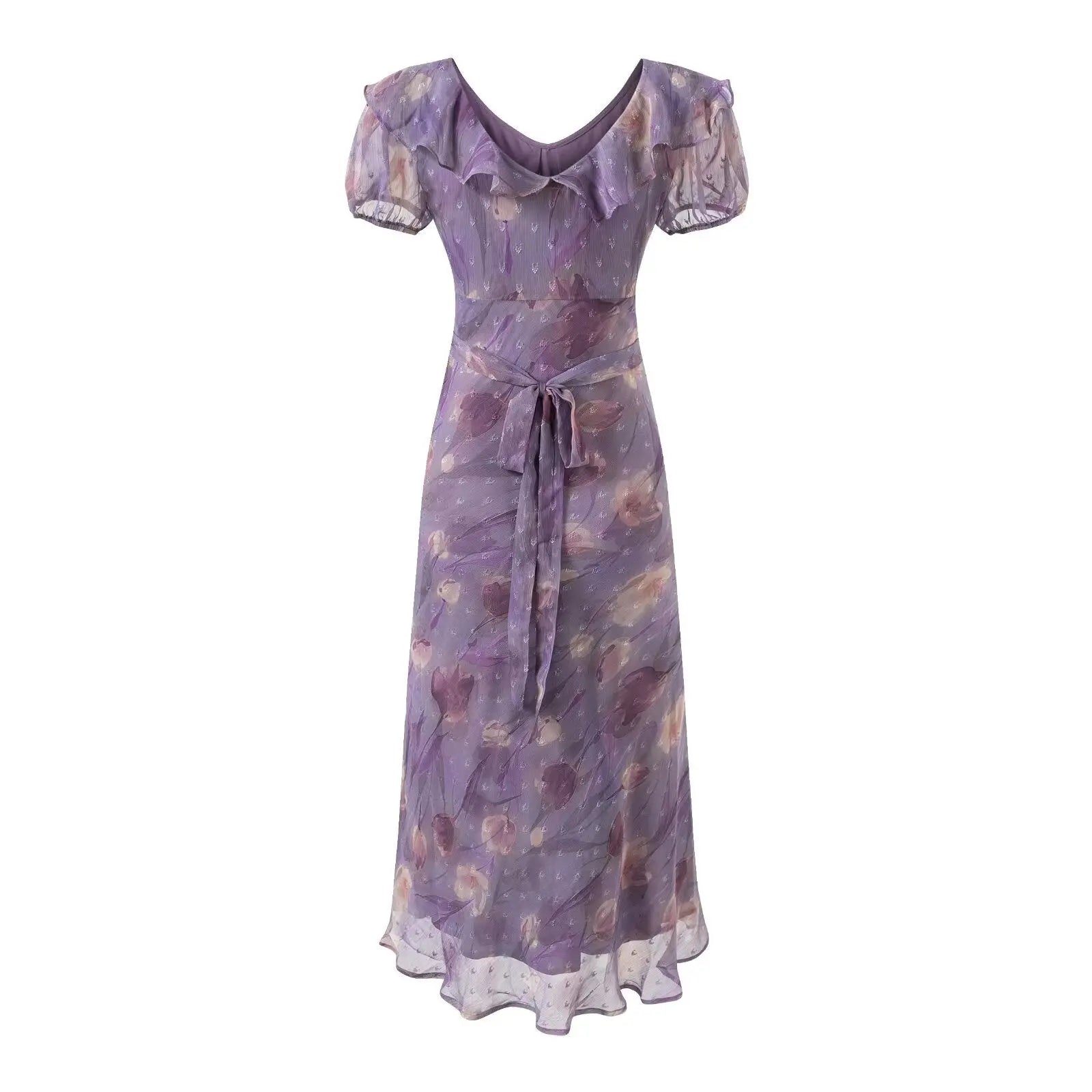 Lace up Light Purple Ruffled Maxi Dress Women Summer Tight Waist Slim Fit Dress Bella Mia