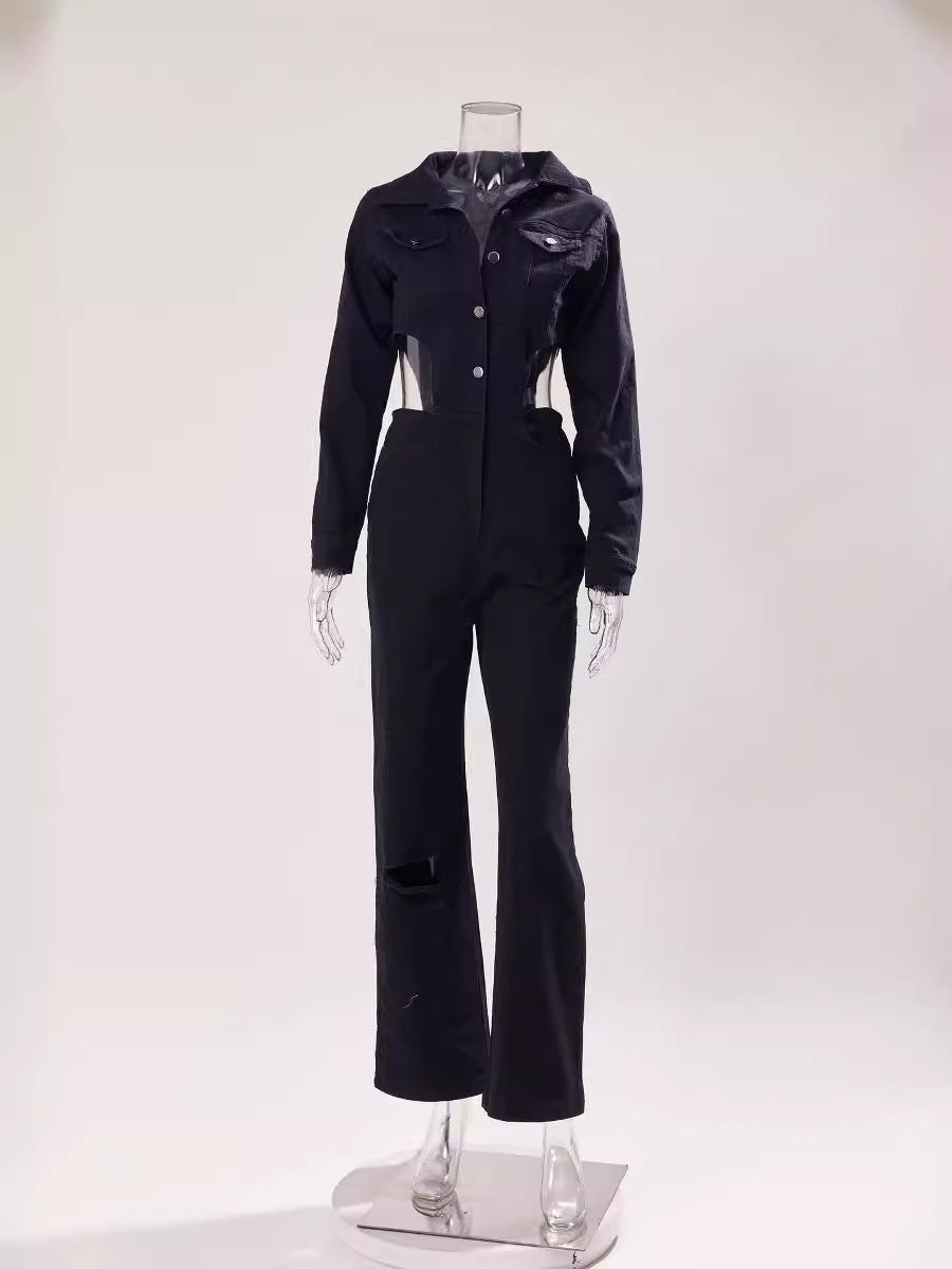 Sexy Shein Jumpsuit Casual Elastic Hollow Out Cutout out Denim Jumpsuit Bella Mia