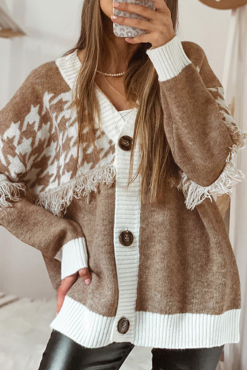Khaki Houndstooth Color Block Cardigan Women V Neck With Raw Edge Front Button Dear-Lover Dropshipping