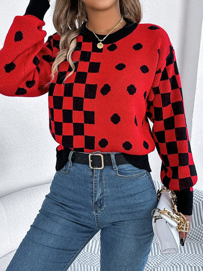 Plaid Round Neck Long Sleeve Sweater.