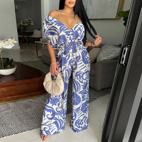 Women Clothing off the Shoulder Batwing Sleeve Wide Leg Printed Jumpsuit Bella Mia