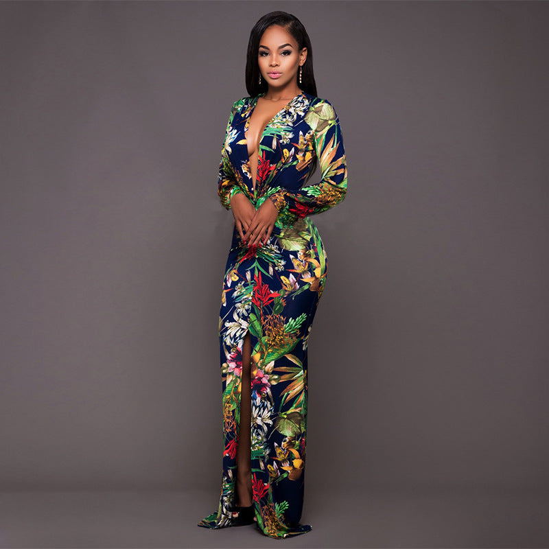 Sexy High Slit Printed Dress Arrival Women Clothing Deep V Plunge Plunge Long Sleeve Dress Plus Size