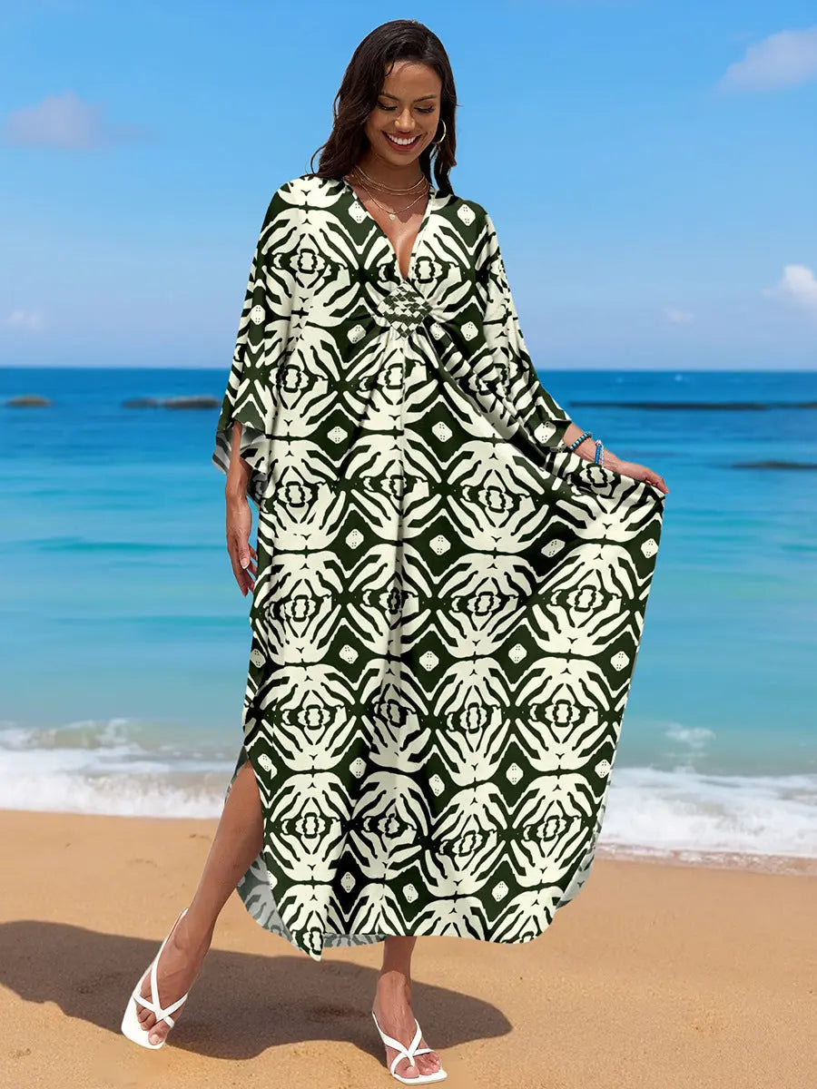 Rayon Print Holiday Beach Dress Women Sun Protective Clothing Loose Robe Beach Cover Up Bella Mia