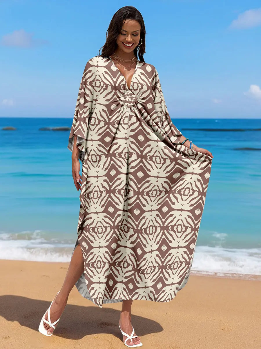 Rayon Print Holiday Beach Dress Women Sun Protective Clothing Loose Robe Beach Cover Up Bella Mia