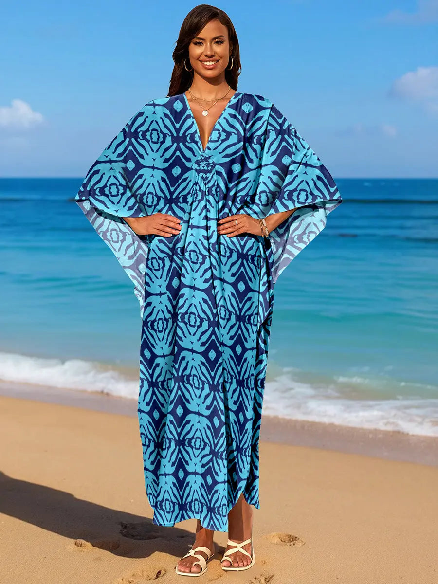 Rayon Print Holiday Beach Dress Women Sun Protective Clothing Loose Robe Beach Cover Up Bella Mia