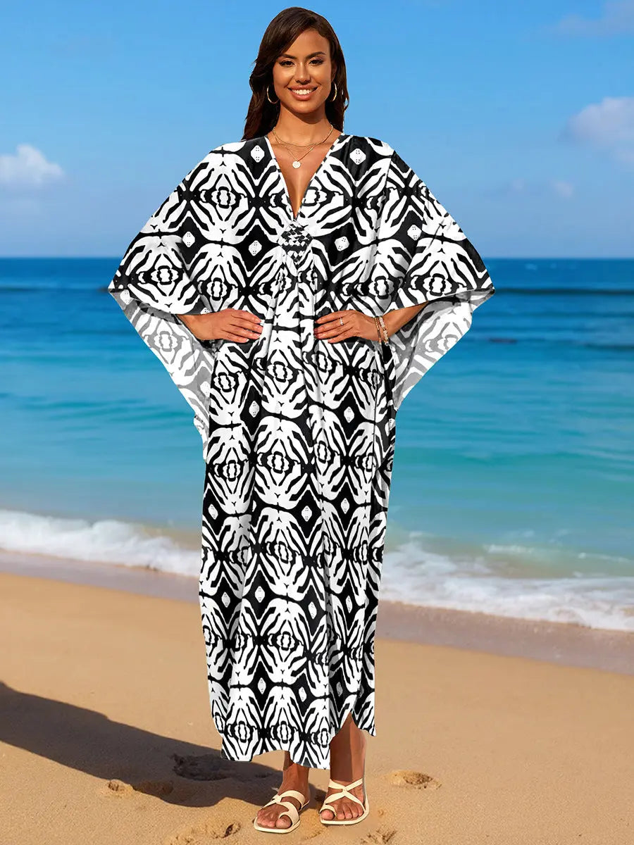 Rayon Print Holiday Beach Dress Women Sun Protective Clothing Loose Robe Beach Cover Up Bella Mia