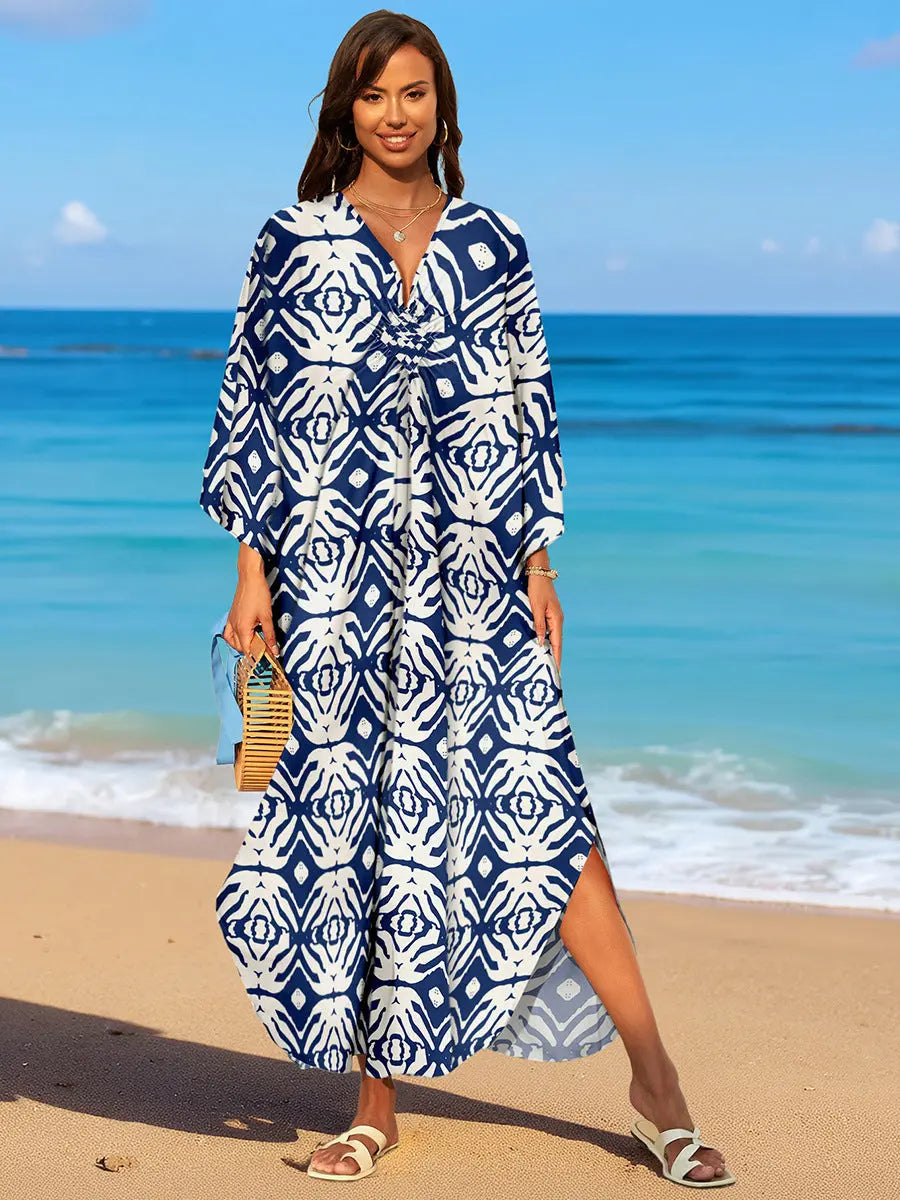 Rayon Print Holiday Beach Dress Women Sun Protective Clothing Loose Robe Beach Cover Up Bella Mia