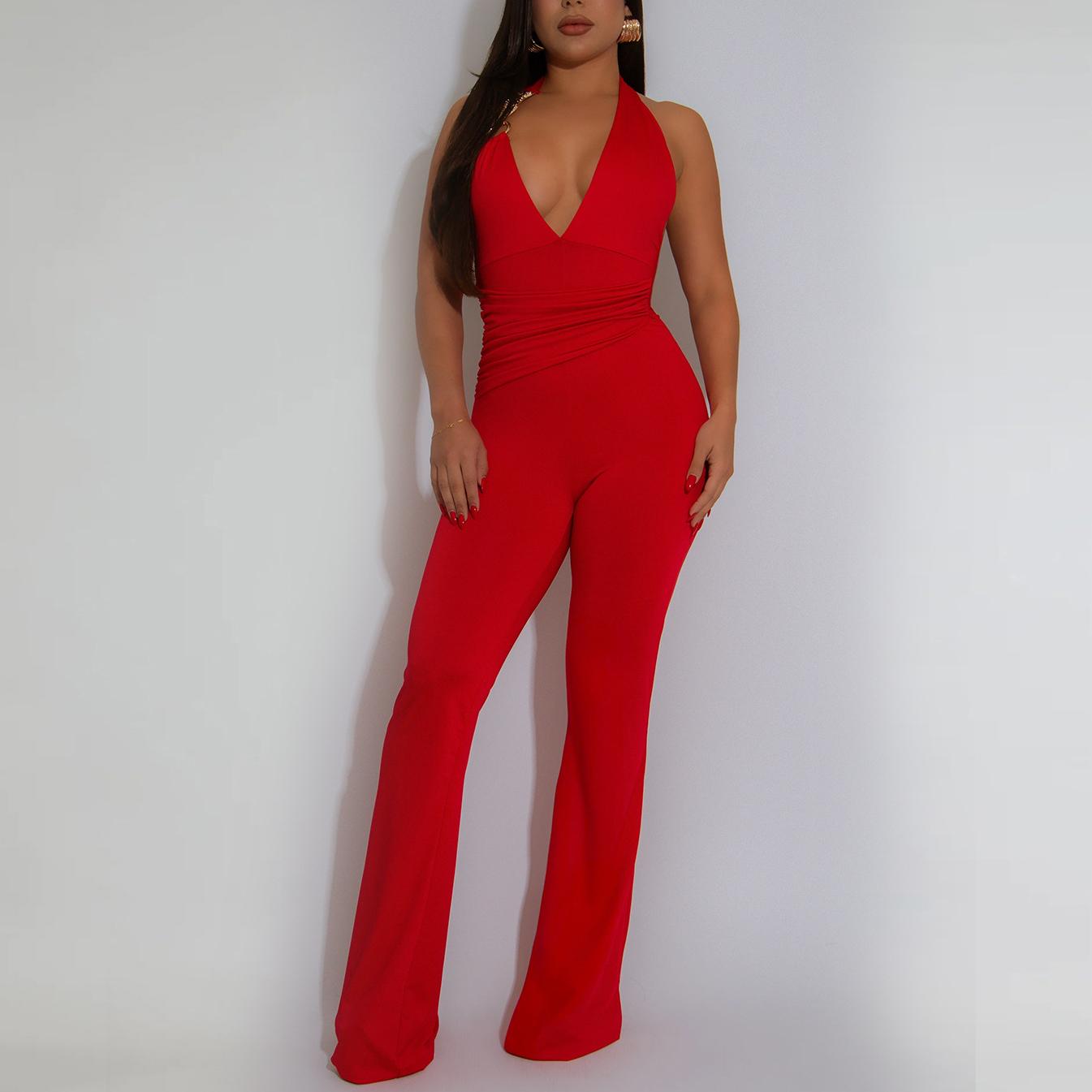 Women Wear Strap Sexy Deep V Plunge Halter Solid Color Jumpsuit Bella Mia