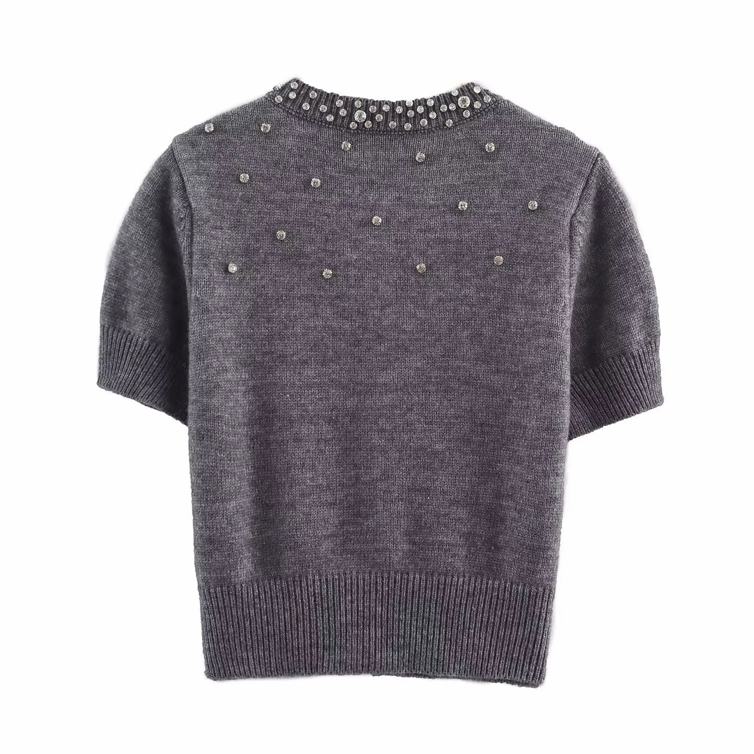 Spring round Neck Short Sleeve Jewelry Inlaid Rib round Neck ShortSleeved Knitted Cardigan Bella Mia