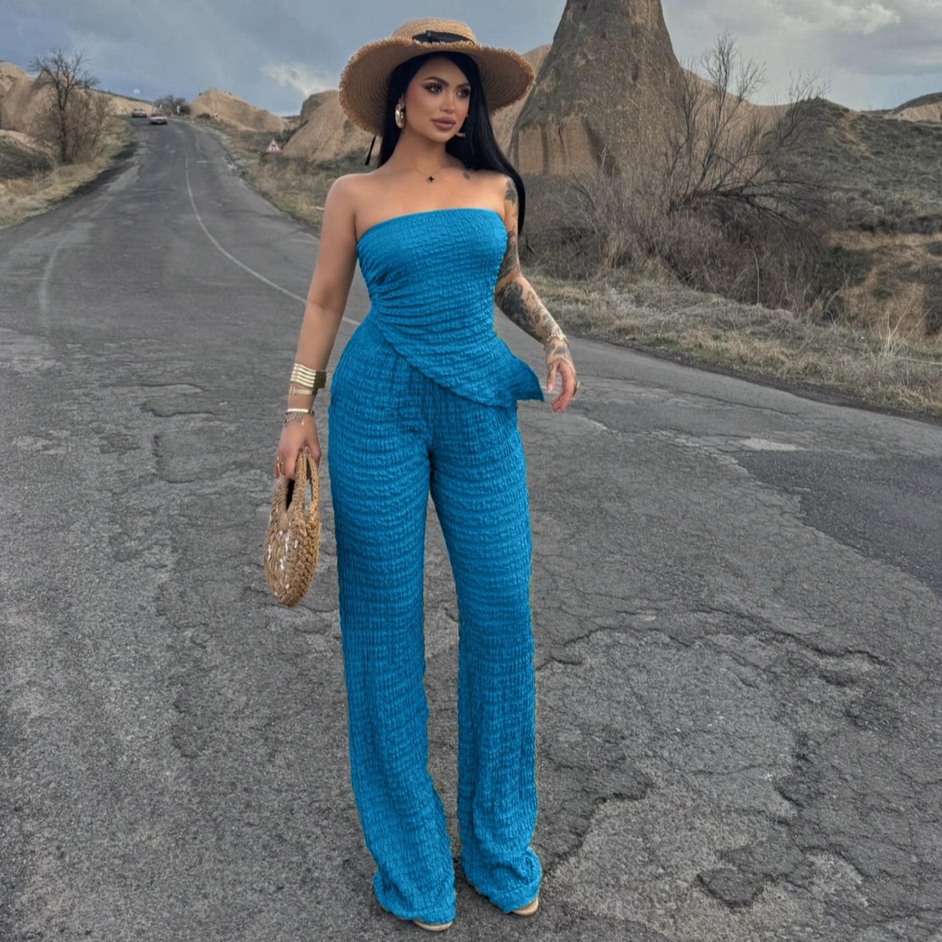 Summer Women Clothing Sexy off the Shoulder Tube Top Beveled Top Slim Trousers Two Piece Sets Bella Mia