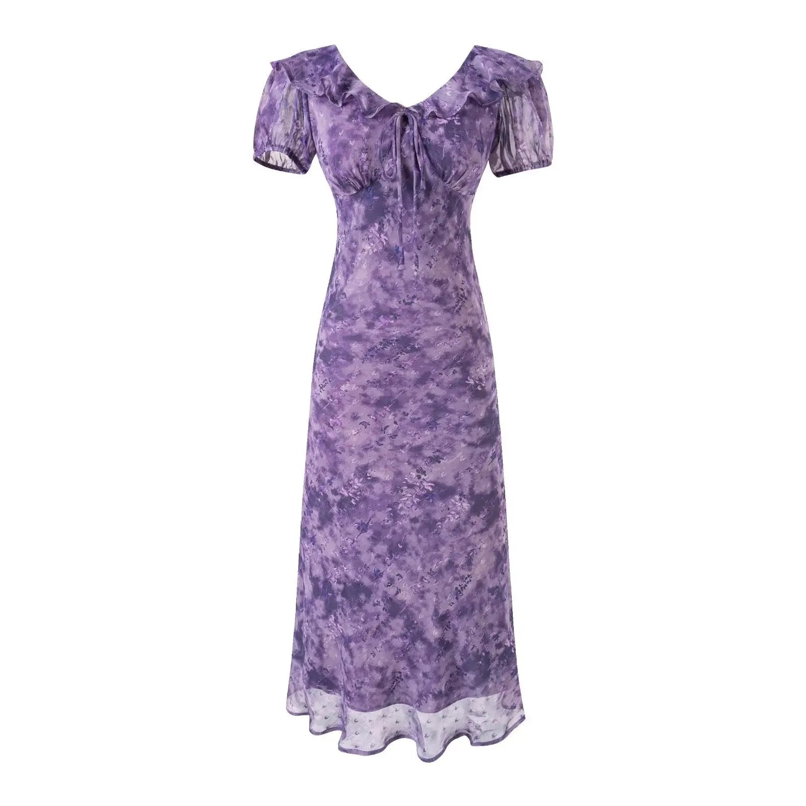 Ruffle Collar Puff Sleeve Short Sleeve Neckline Lace up Purple Dress Summer Waist Slimming Maxi Dress Women Bella Mia