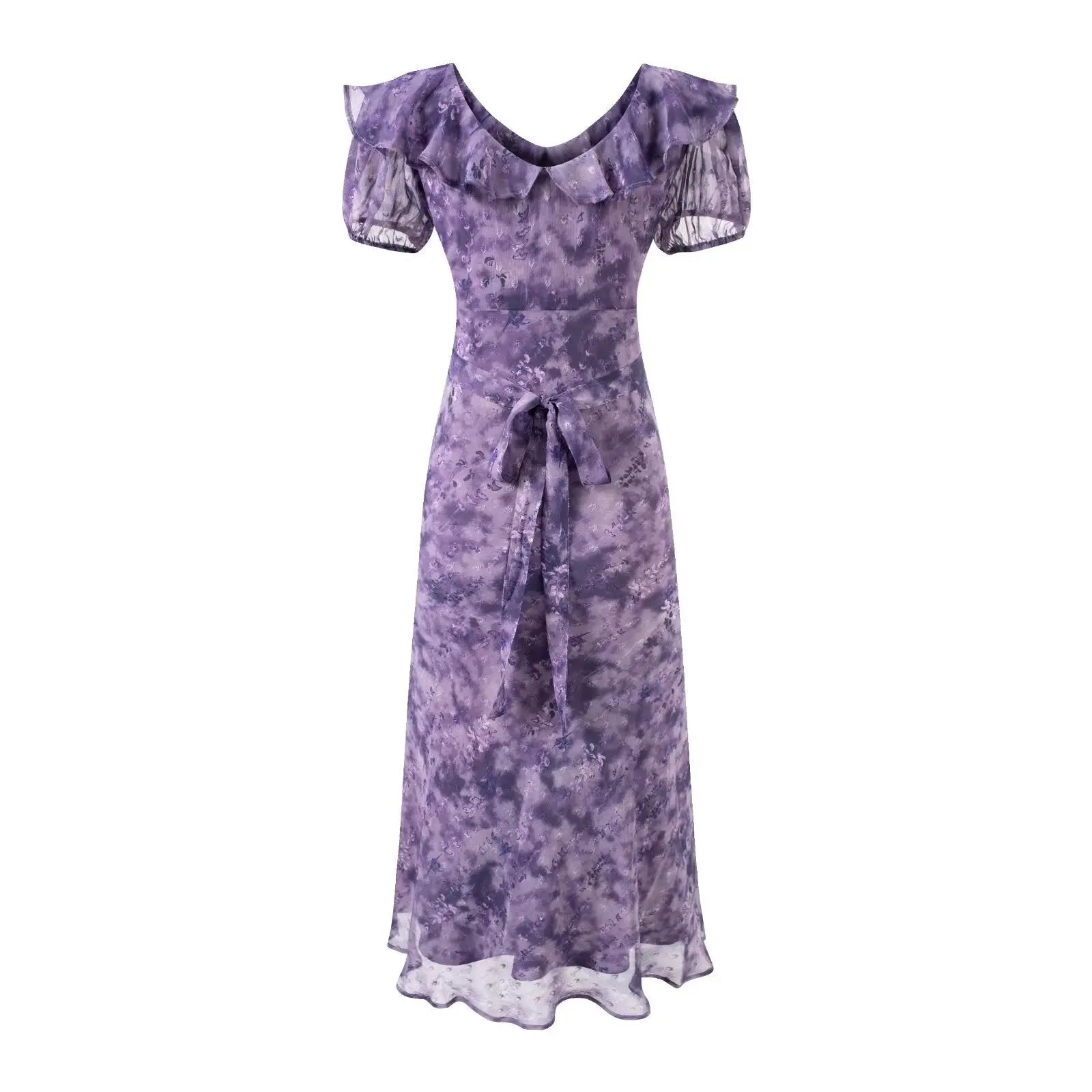 Ruffle Collar Puff Sleeve Short Sleeve Neckline Lace up Purple Dress Summer Waist Slimming Maxi Dress Women Bella Mia