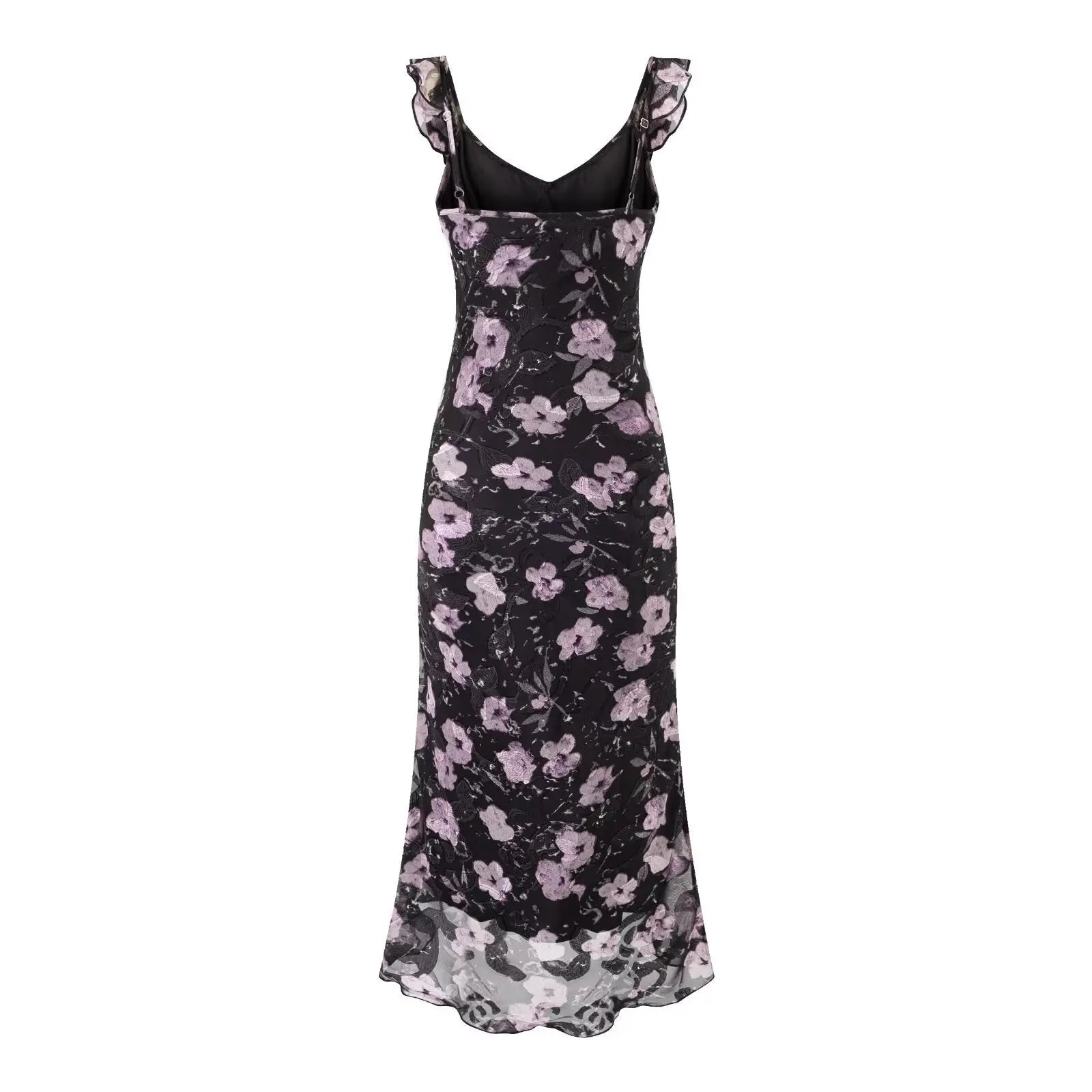 Vacation Ruffled V neck Lace up Printed Fishtail Suspender Skirt Waisted Slim Fit Package Hip Maxi Dress Bella Mia