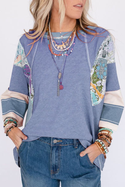 Floral Striped Patchwork Round Neck Blouse