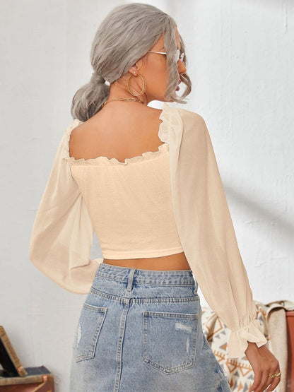 Mesh Sweetheart Neck Flounce Sleeve Top.