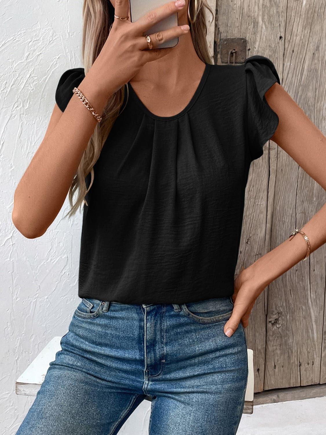 Ruched Round Neck Cap Sleeve Blouse.