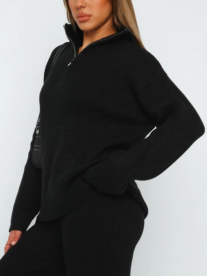 Cozy quarter zip ribbed lounge set with long sleeves and matching pants