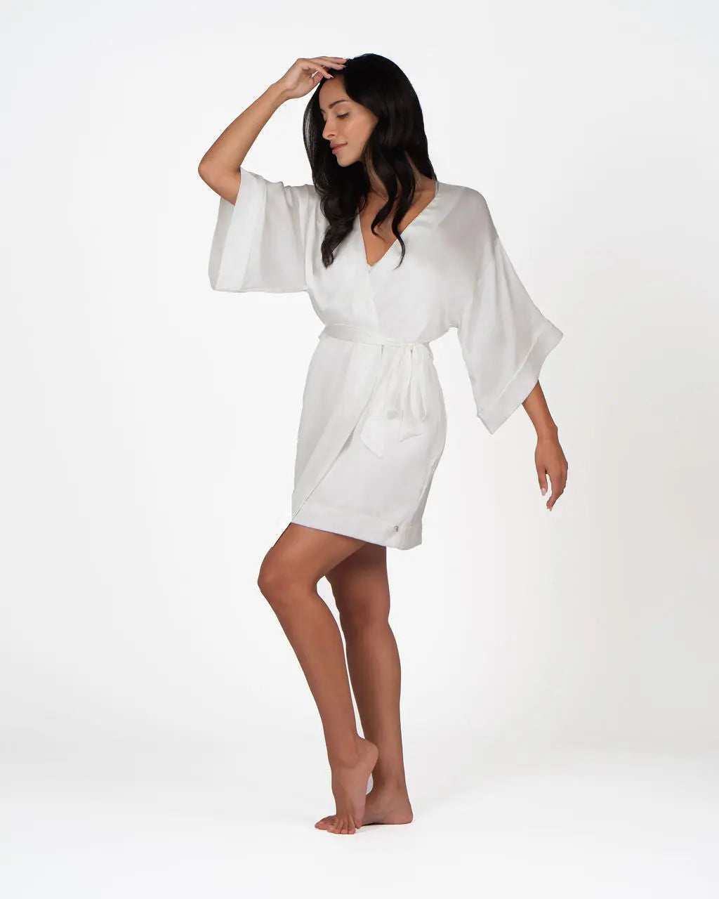 White Washable Silk Classic Robe With Wrap Silhouette And Self Tie Belt A.ROSE