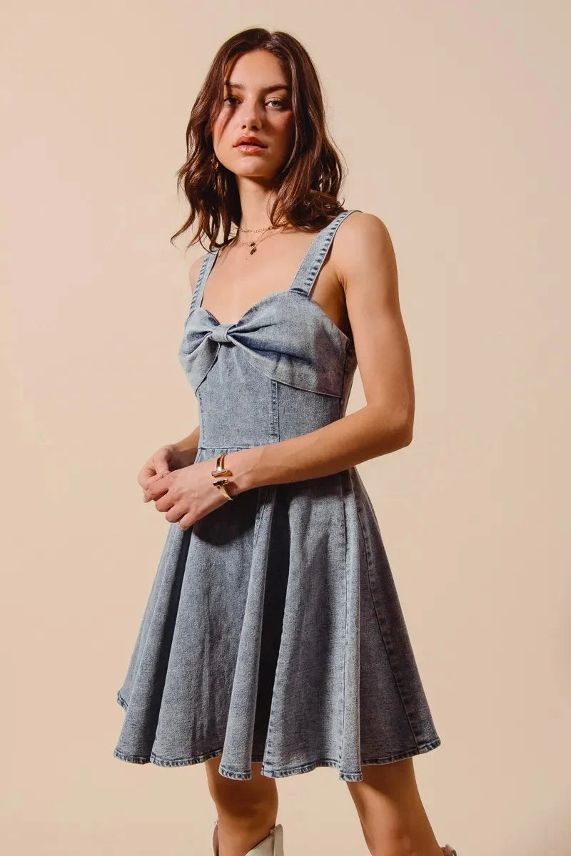 SO ME Mineral Washed Bow Ribbon Denim Flare Dress Coco’s Tee Boutique