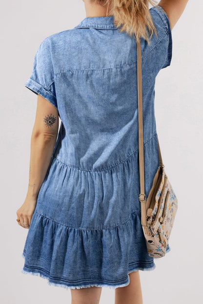 Raw Hem Collared Neck Short Sleeve Denim Dress.