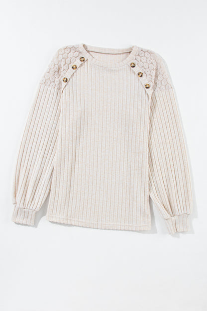 Lace detail ribbed top with button accents and raglan sleeves