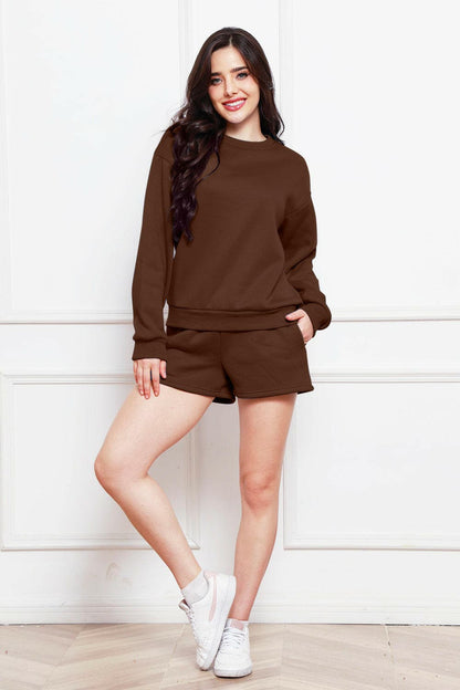 Round Neck Long Sleeve Sweatshirt and Drawstring Shorts Set.