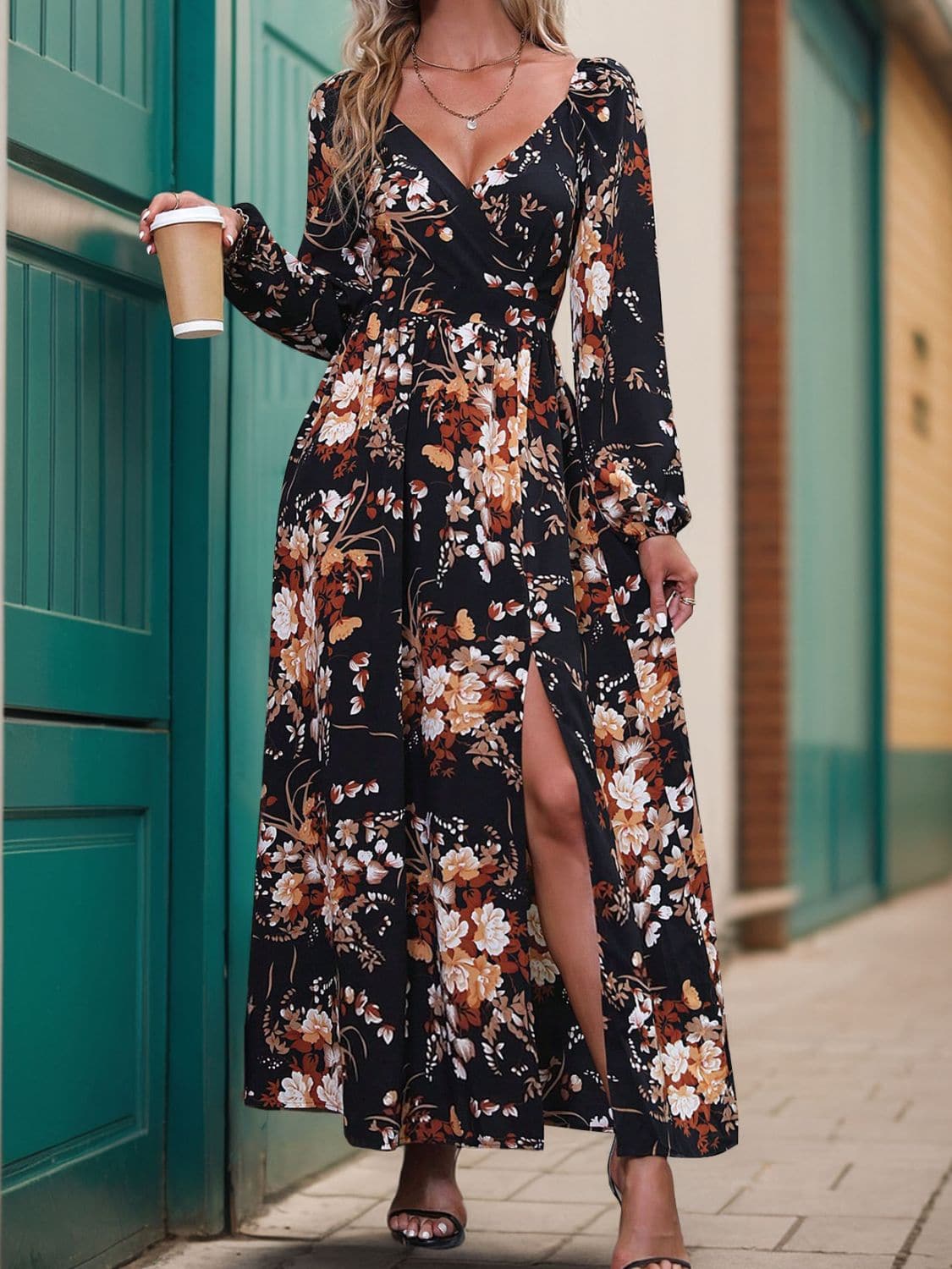 Slit Printed Surplice Long Sleeve Maxi Dress.