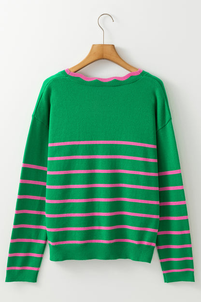 Charming Green Striped Knit Cardigan with Bow Detail