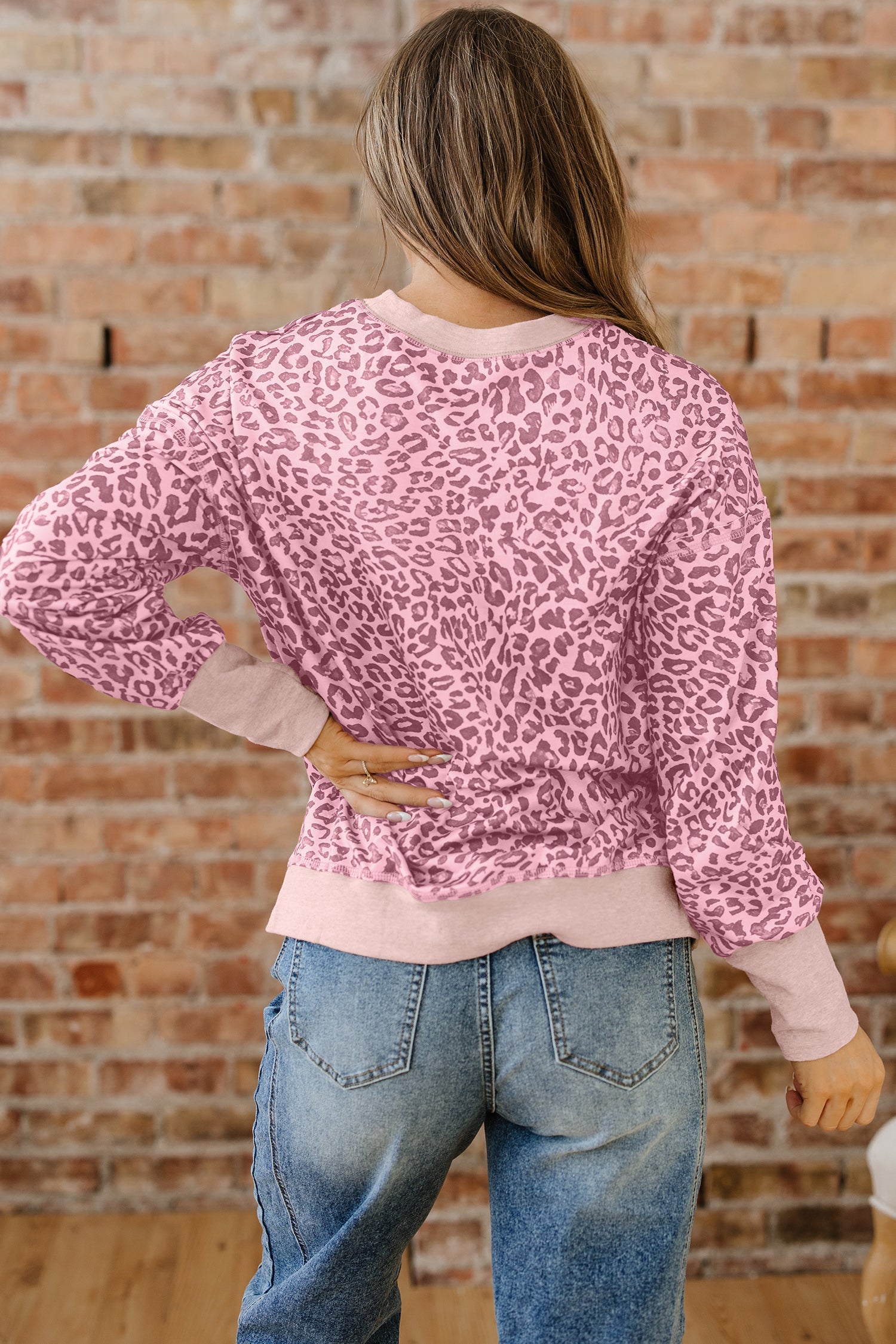 Dear-Lover Pink Leopard Print Women's Soft Everyday Sweatshirt Relaxed Fit Fall Top Dear-Lover Dropshipping