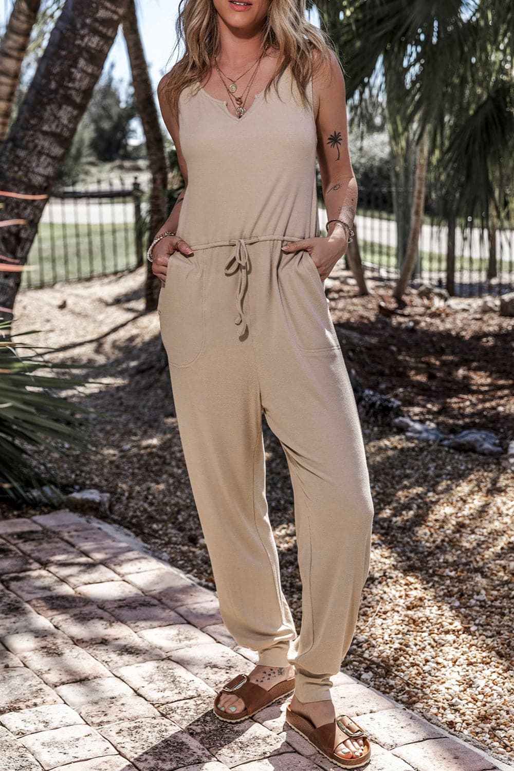 Drawstring Notched Wide Strap Jumpsuit.