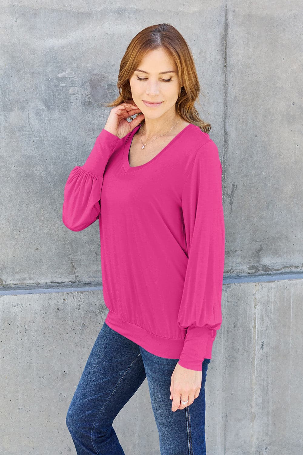 Basic Bae Full Size V-Neck Lantern Sleeve Top.