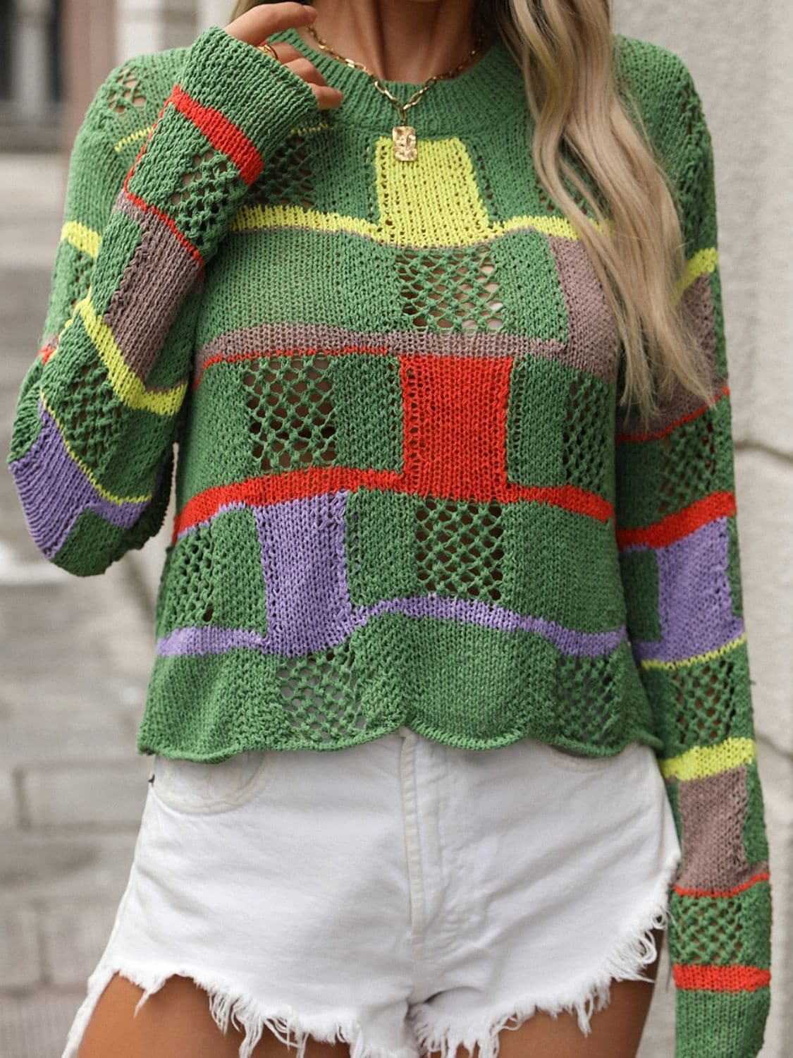 Openwork Color Block Round Neck Sweater.