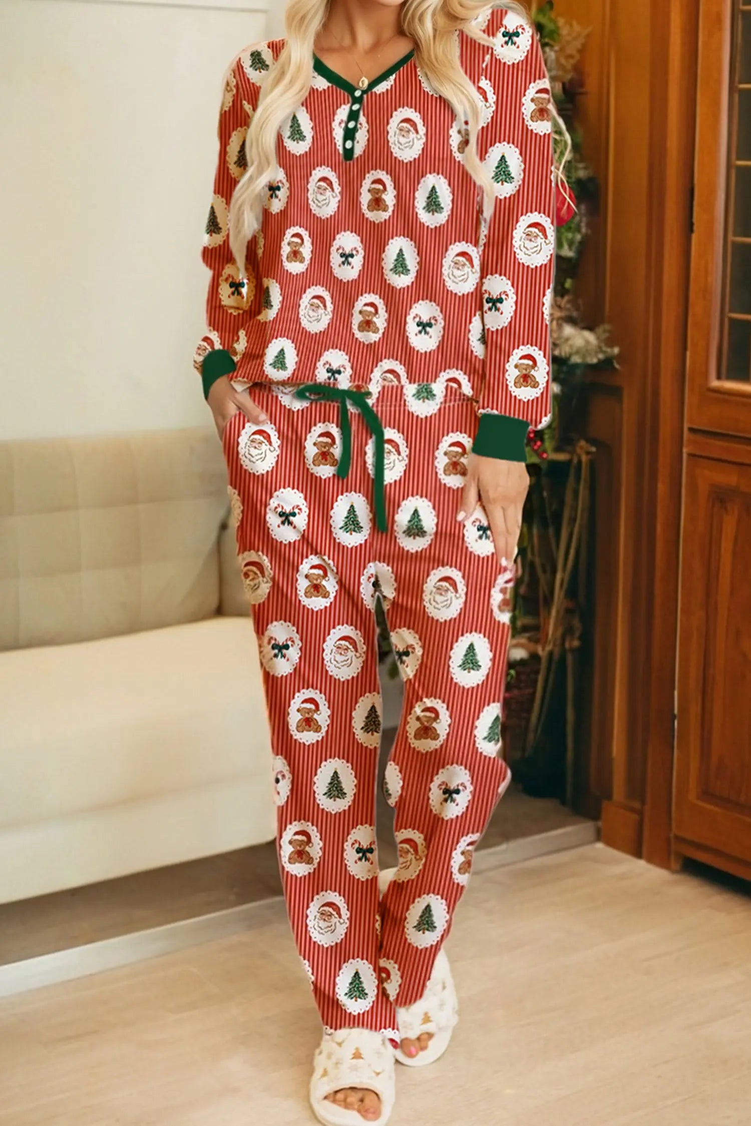 Red Stripe Christmas Print Henley V Neck Pullover And Jogger Pants Lounge Set Dear-Lover Dropshipping