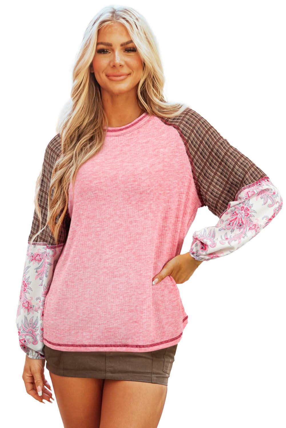 Fushia Mixed Print Patchwork Raglan Ribbed Knit Top - Love Salve 