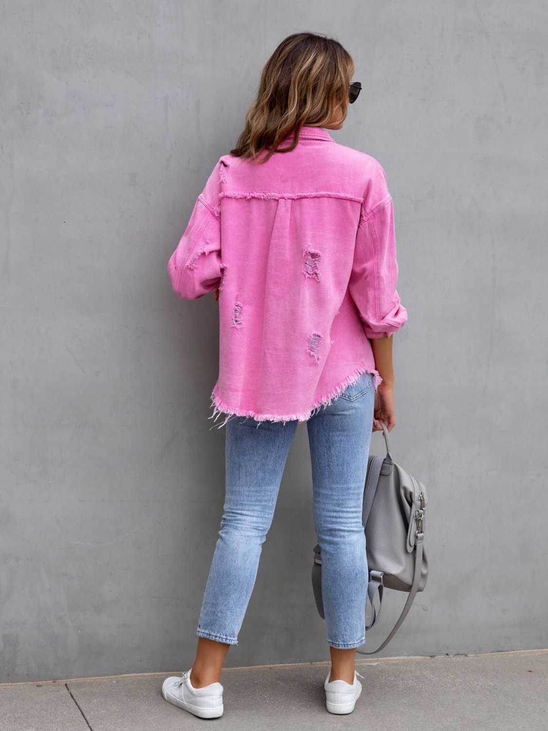 Distressed Drop Shoulder Denim Jacket Coco’s Tee Boutique