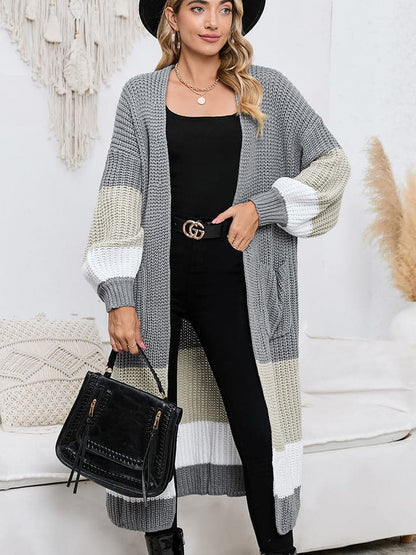 Color Block Long Sleeve Pocketed Cardigan.