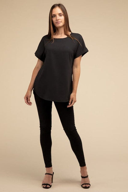 Woven Heavy Dobby Rolled Sleeve Boat Neck Top.